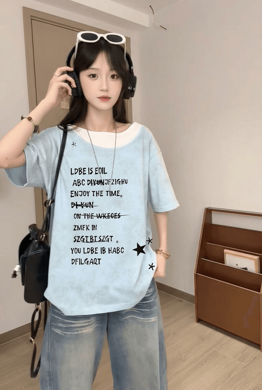 새로운 출산 착용 여름 배색 패치워크 페이크 레이어드 반팔 티셔츠 여름 새로운 홀치기 염색 워싱 루즈핏 맨위 상세 이미지 4
