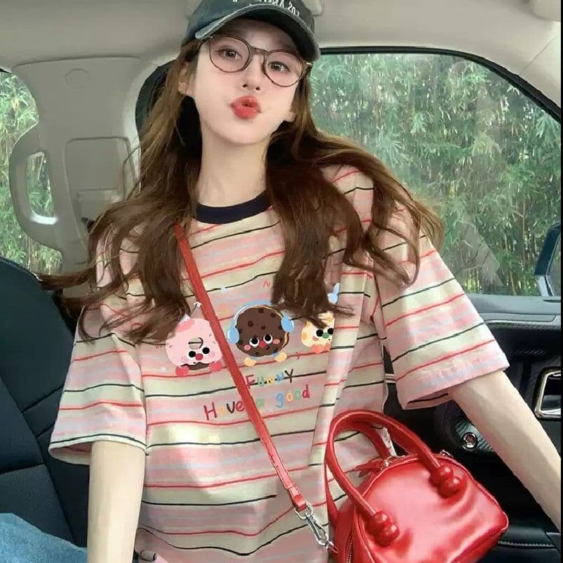 출산 착용 스트라이프 반팔 티셔츠 2026 새로운 여름 아메리칸 재미있는 만화 프린트 디자인 센스 루즈핏 맨위 이미지 3