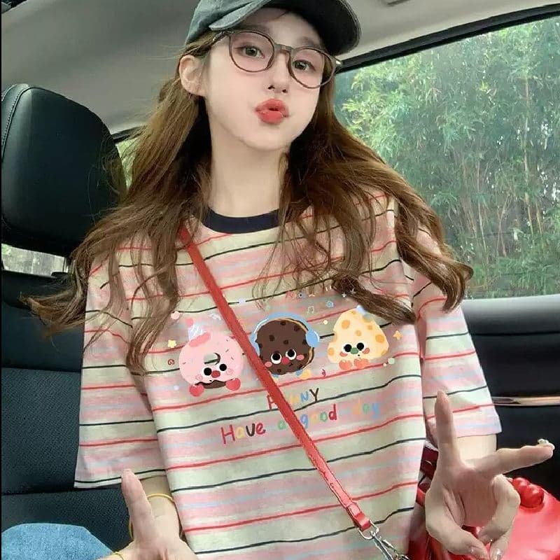 출산 착용 스트라이프 반팔 티셔츠 2026 새로운 여름 아메리칸 재미있는 만화 프린트 디자인 센스 루즈핏 맨위 이미지 5
