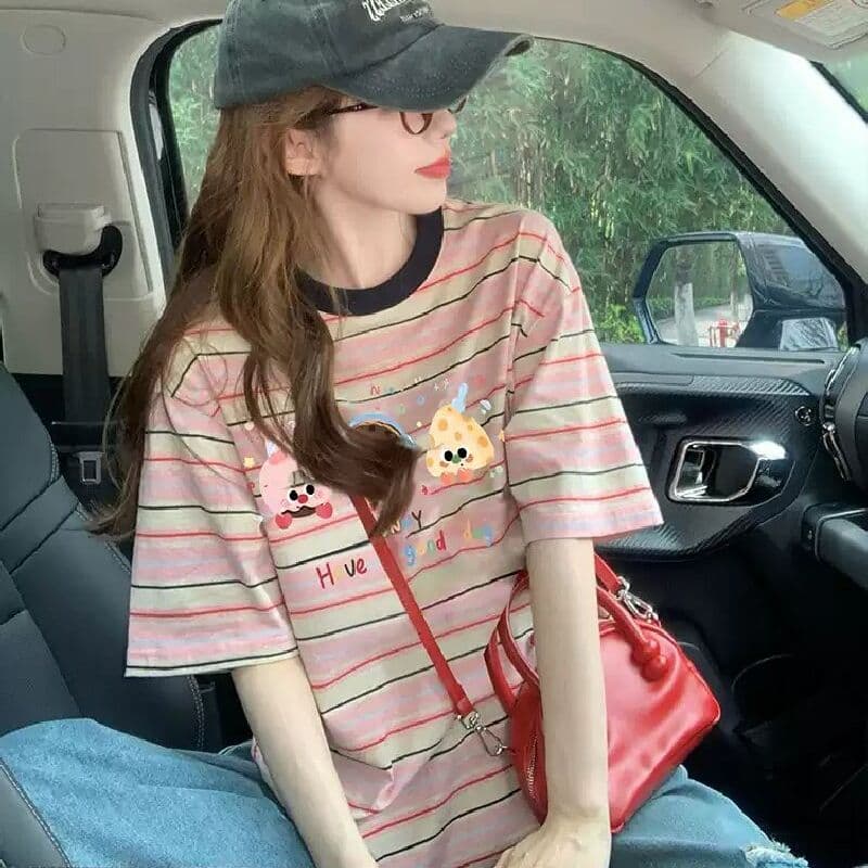 출산 착용 스트라이프 반팔 티셔츠 2026 새로운 여름 아메리칸 재미있는 만화 프린트 디자인 센스 루즈핏 맨위 이미지 2