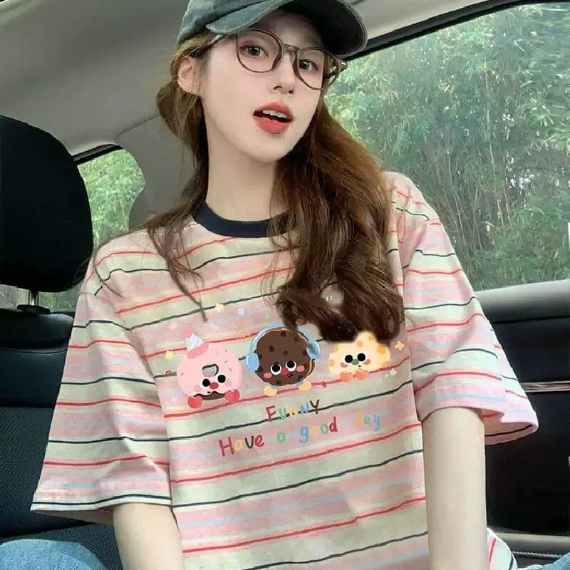 출산 착용 스트라이프 반팔 티셔츠 2026 새로운 여름 아메리칸 재미있는 만화 프린트 디자인 센스 루즈핏 맨위