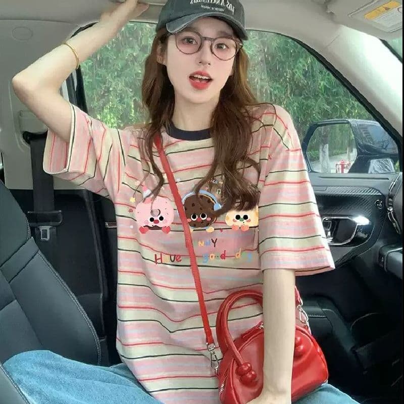 출산 착용 스트라이프 반팔 티셔츠 2026 새로운 여름 아메리칸 재미있는 만화 프린트 디자인 센스 루즈핏 맨위 이미지 4