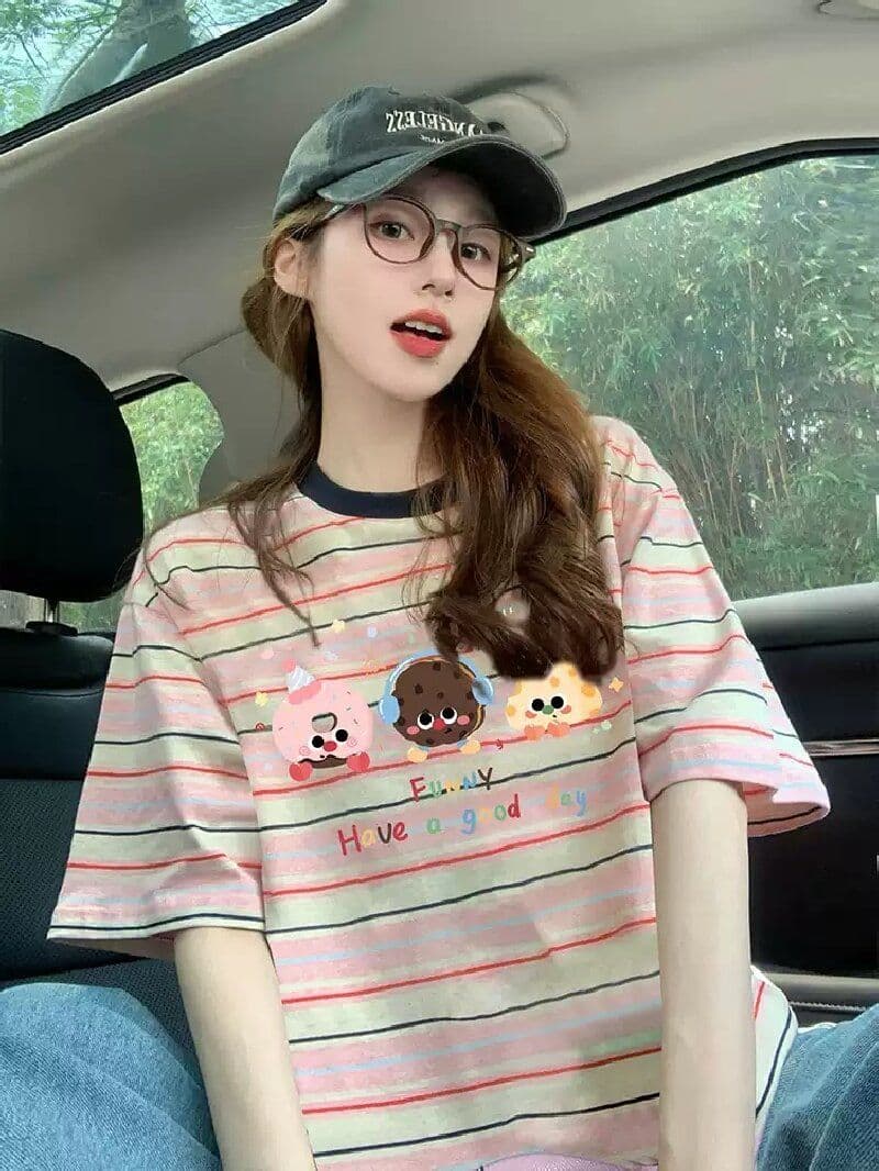 출산 착용 스트라이프 반팔 티셔츠 2026 새로운 여름 아메리칸 재미있는 만화 프린트 디자인 센스 루즈핏 맨위 상세 이미지 4