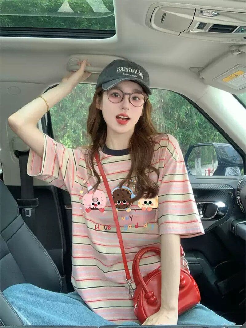 출산 착용 스트라이프 반팔 티셔츠 2026 새로운 여름 아메리칸 재미있는 만화 프린트 디자인 센스 루즈핏 맨위 상세 이미지 6