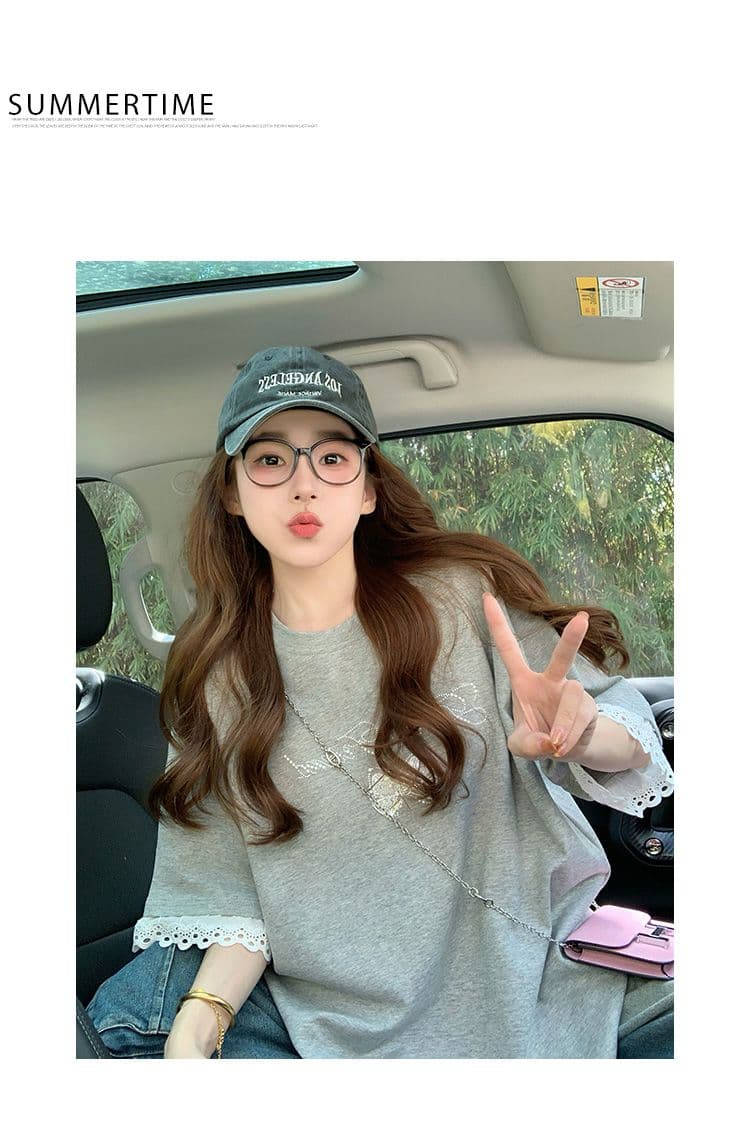 여름 임산부 맨위 2026 새로운 한 부서 연령 감소 외국 가스 레이스 조각 비즈 박기 반팔 동정 루즈핏 라운드 넥 상세 이미지 8