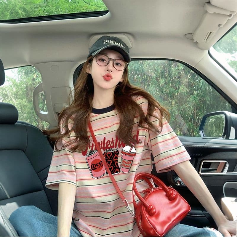 출산 착용 스트라이프 반팔 티셔츠 2026 새로운 여름 아메리칸 재미있는 만화 프린트 디자인 센스 루즈핏 맨위 이미지 3