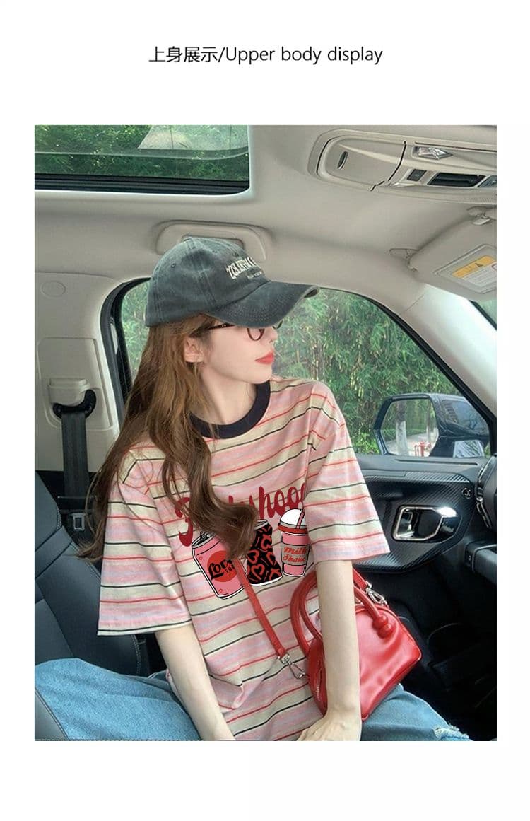출산 착용 스트라이프 반팔 티셔츠 2026 새로운 여름 아메리칸 재미있는 만화 프린트 디자인 센스 루즈핏 맨위 상세 이미지 2
