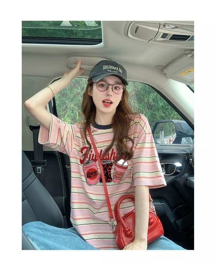 출산 착용 스트라이프 반팔 티셔츠 2026 새로운 여름 아메리칸 재미있는 만화 프린트 디자인 센스 루즈핏 맨위 상세 이미지 3