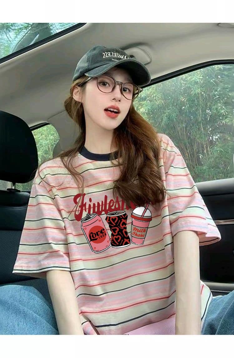 출산 착용 스트라이프 반팔 티셔츠 2026 새로운 여름 아메리칸 재미있는 만화 프린트 디자인 센스 루즈핏 맨위 상세 이미지 6