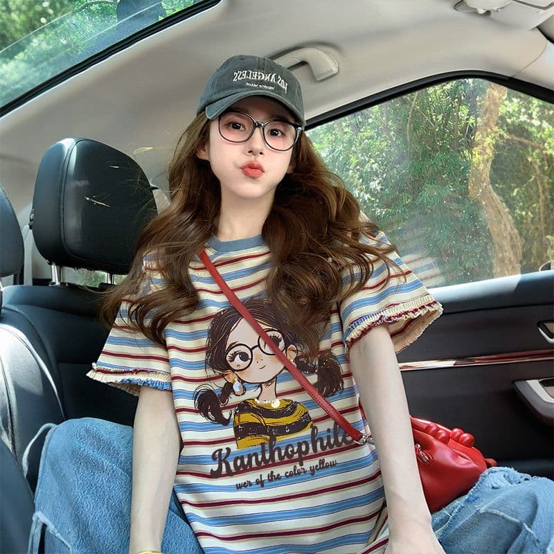 순면 출산 착용 맨위 여름 드레스 2026 새로운 스트라이프 티셔츠 반팔 셔츠 레이스 쇼트 스타일 t 루즈핏