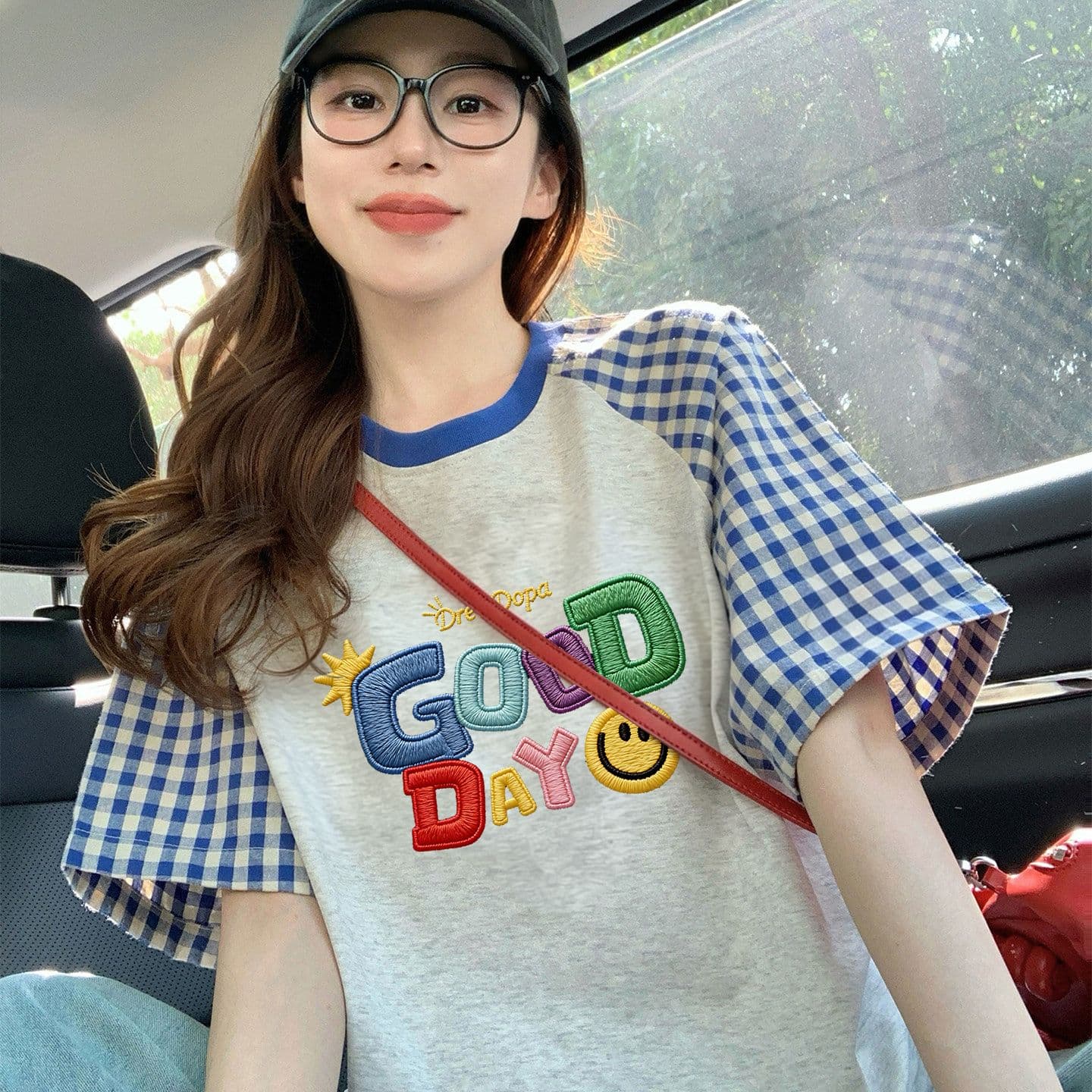 재고 있음 순면 출산 착용 맨위 여름 드레스 새로운 체크무늬 패치워크 페이크 레이어드 티셔츠 루즈핏 쇼트 스타일 이미지 2