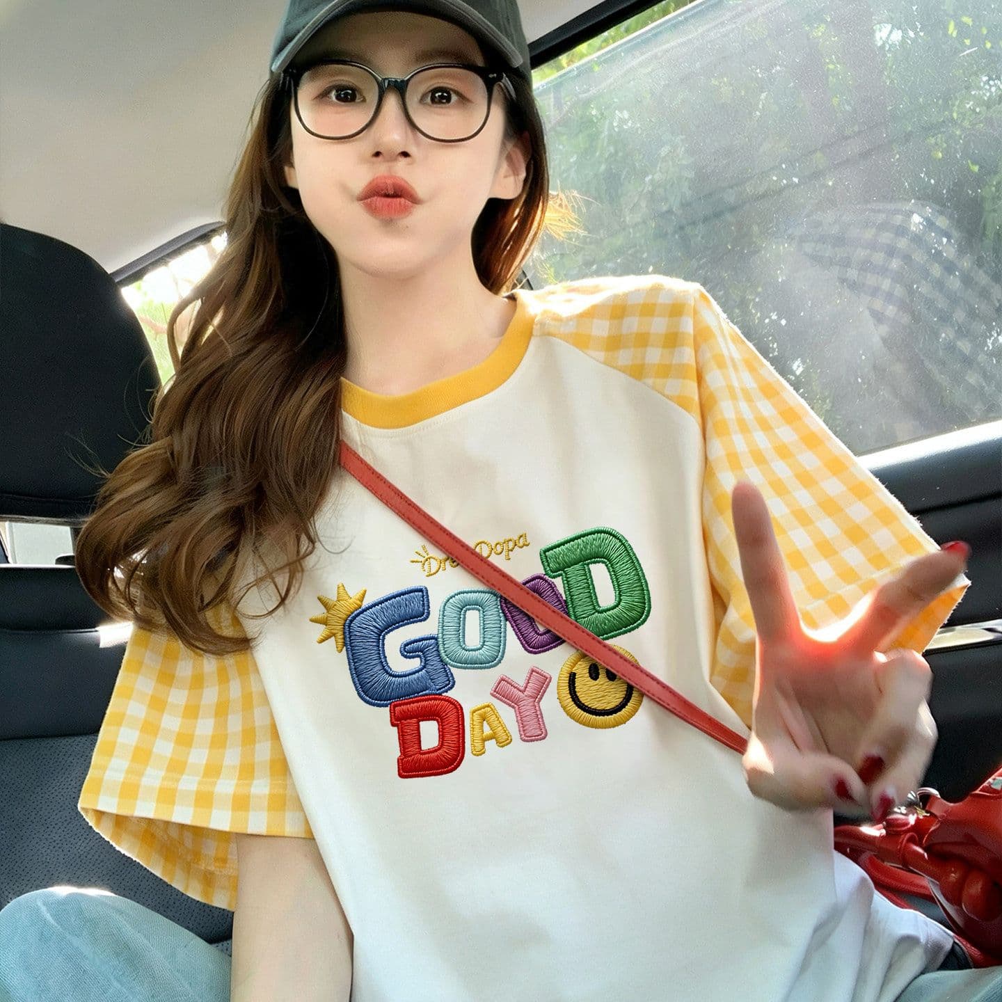 재고 있음 순면 출산 착용 맨위 여름 드레스 새로운 체크무늬 패치워크 페이크 레이어드 티셔츠 루즈핏 쇼트 스타일