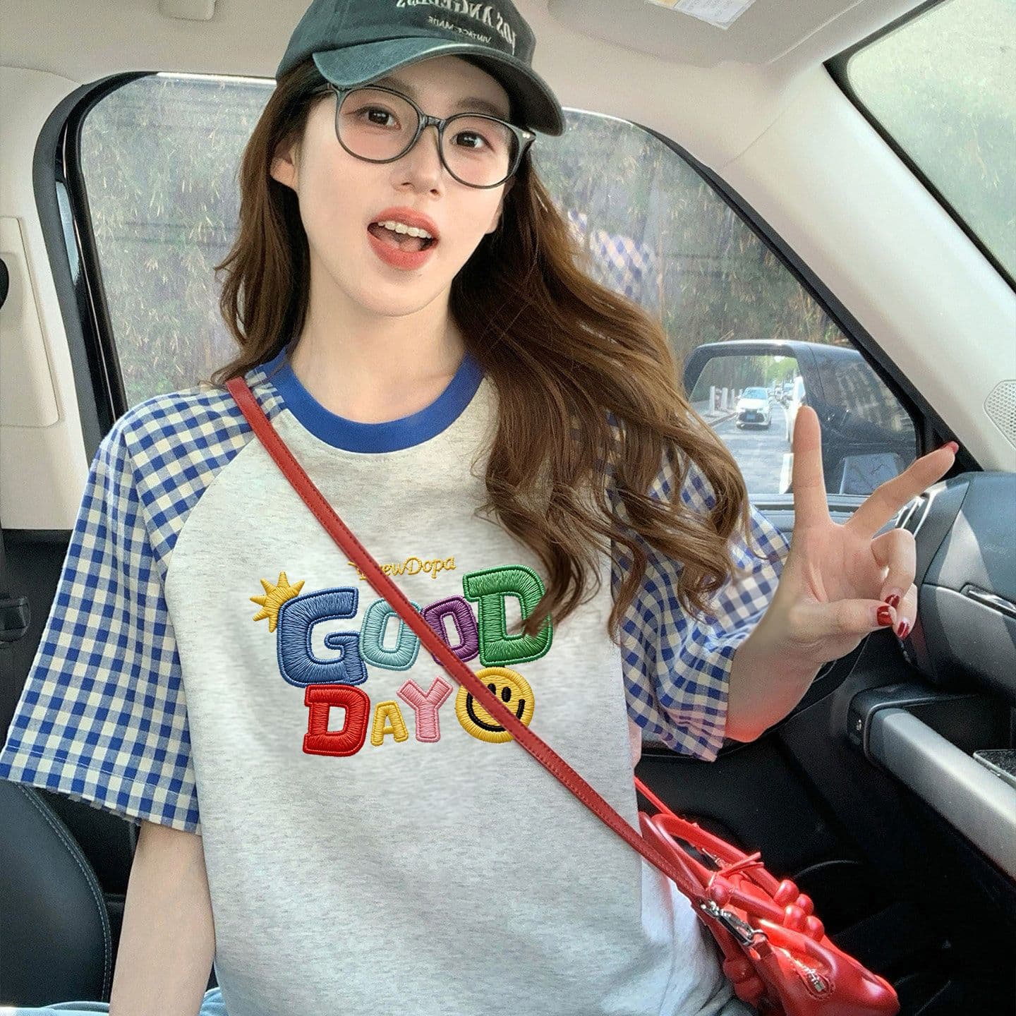 재고 있음 순면 출산 착용 맨위 여름 드레스 새로운 체크무늬 패치워크 페이크 레이어드 티셔츠 루즈핏 쇼트 스타일 이미지 4