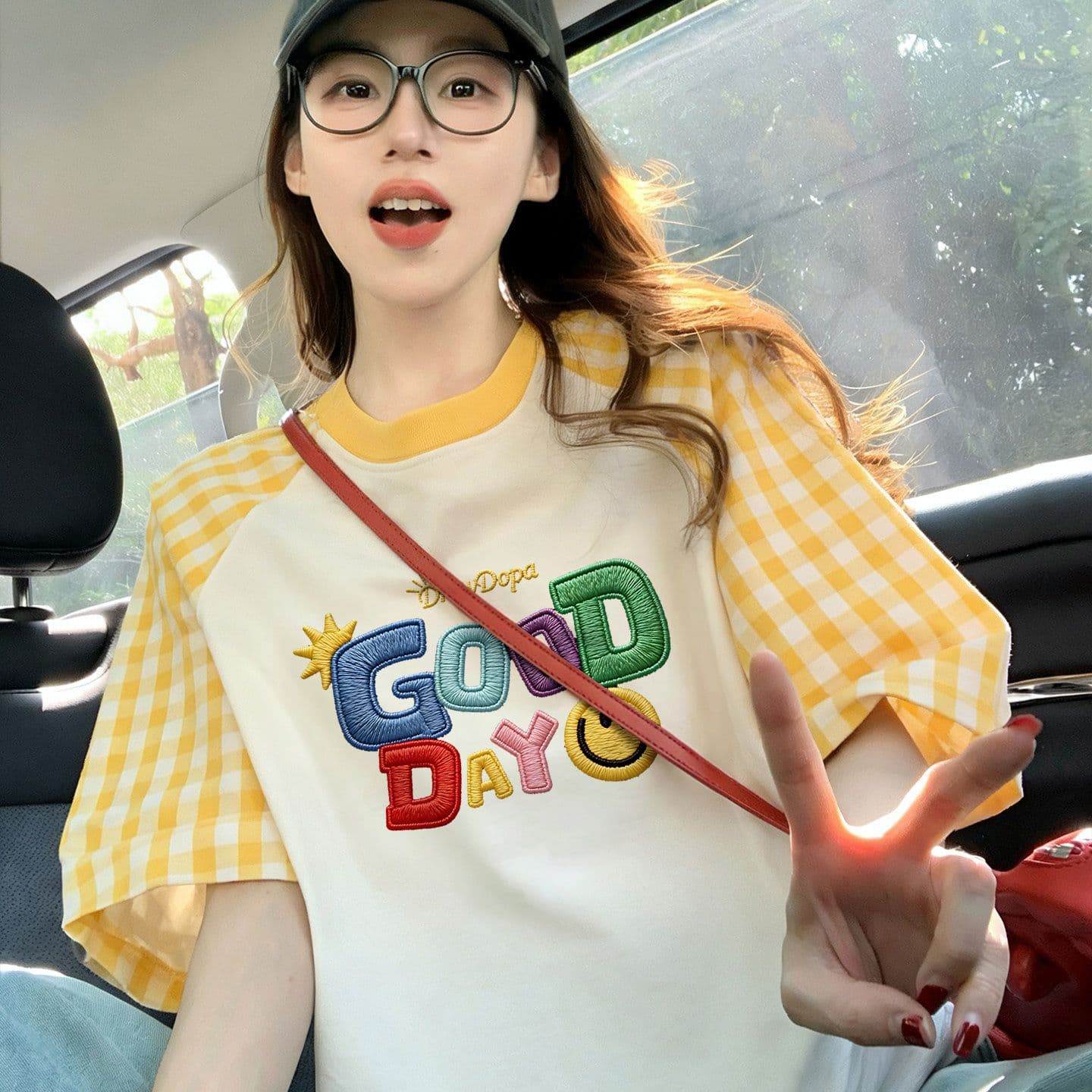 재고 있음 순면 출산 착용 맨위 여름 드레스 새로운 체크무늬 패치워크 페이크 레이어드 티셔츠 루즈핏 쇼트 스타일 이미지 3