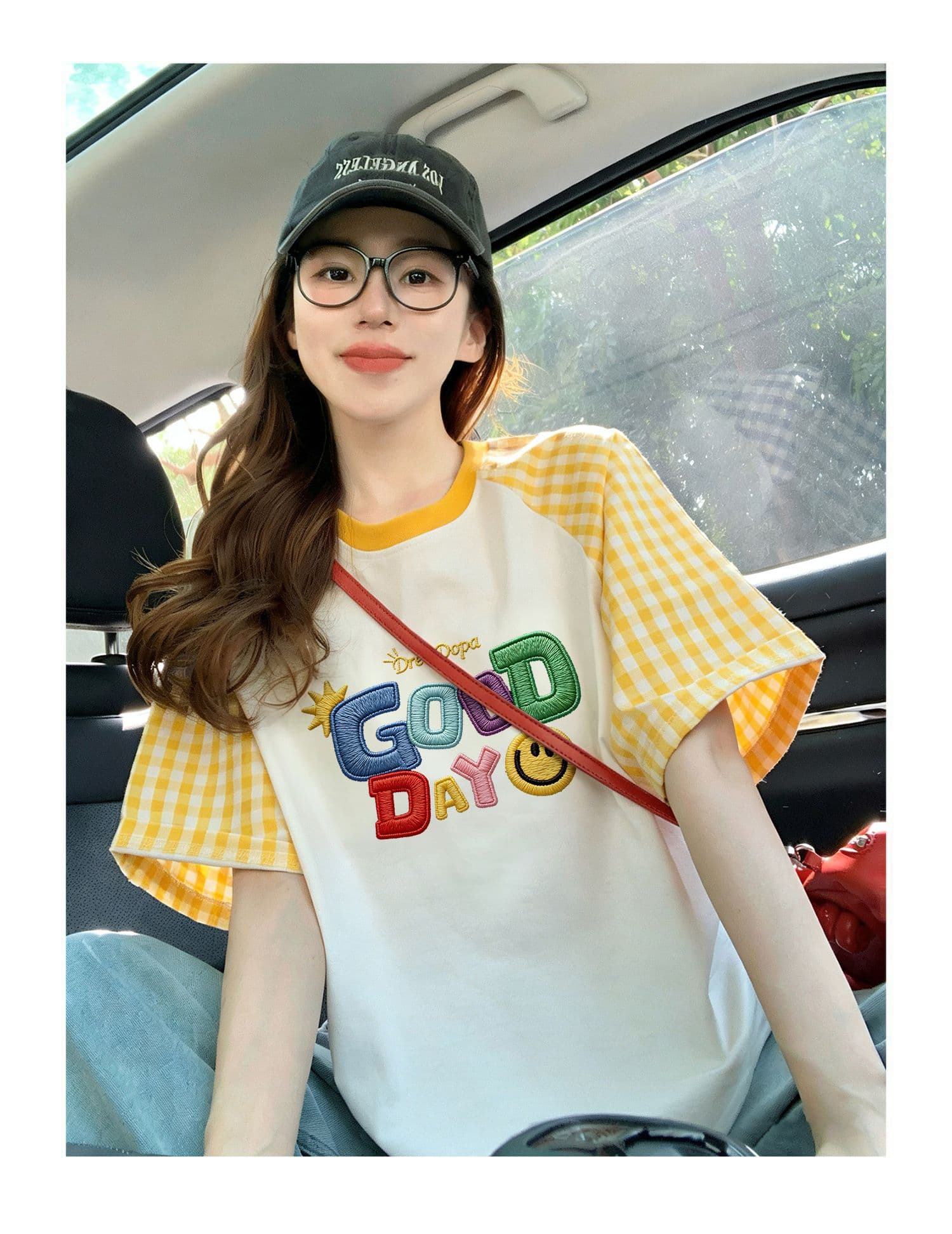 재고 있음 순면 출산 착용 맨위 여름 드레스 새로운 체크무늬 패치워크 페이크 레이어드 티셔츠 루즈핏 쇼트 스타일 상세 이미지 2
