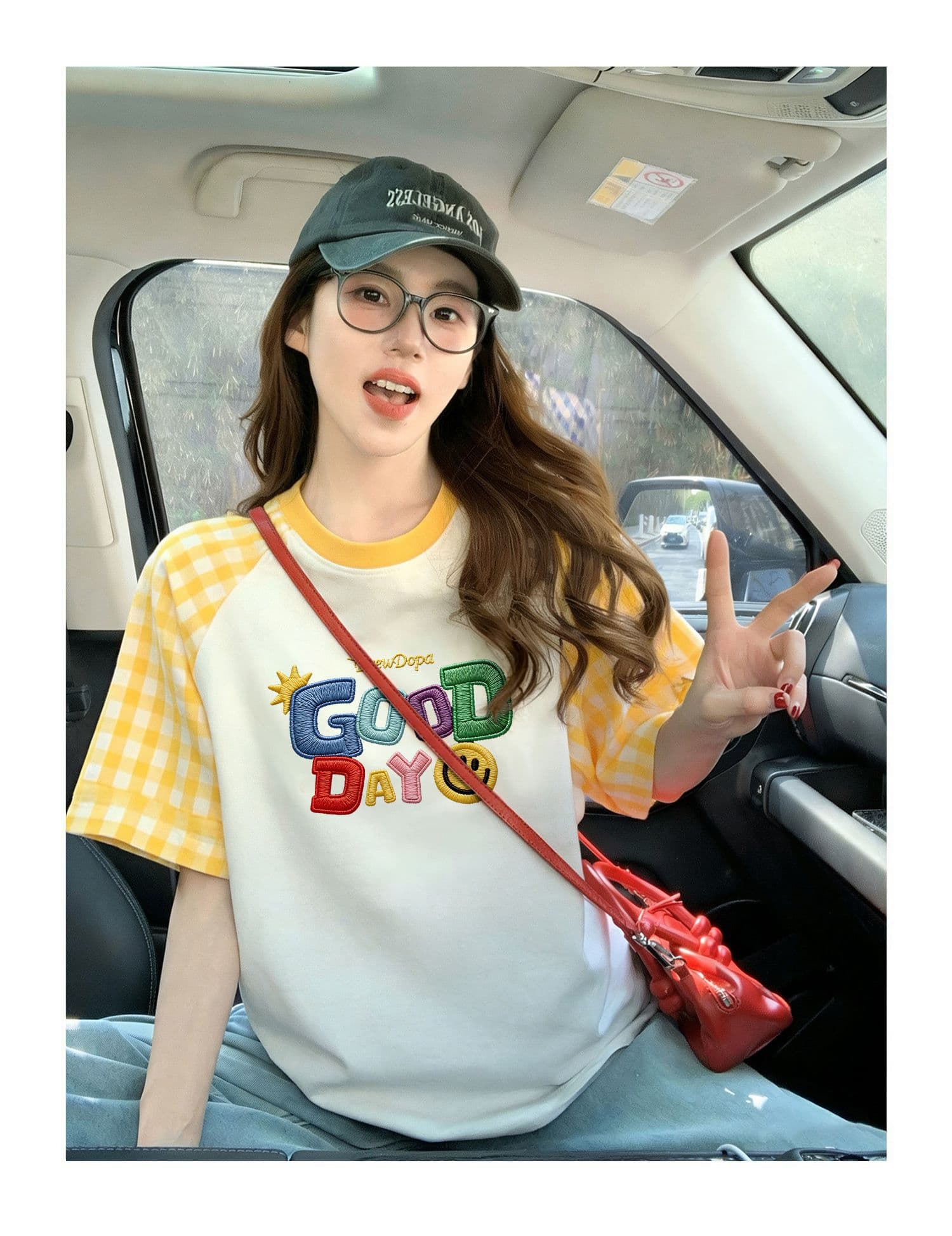 재고 있음 순면 출산 착용 맨위 여름 드레스 새로운 체크무늬 패치워크 페이크 레이어드 티셔츠 루즈핏 쇼트 스타일 상세 이미지 3