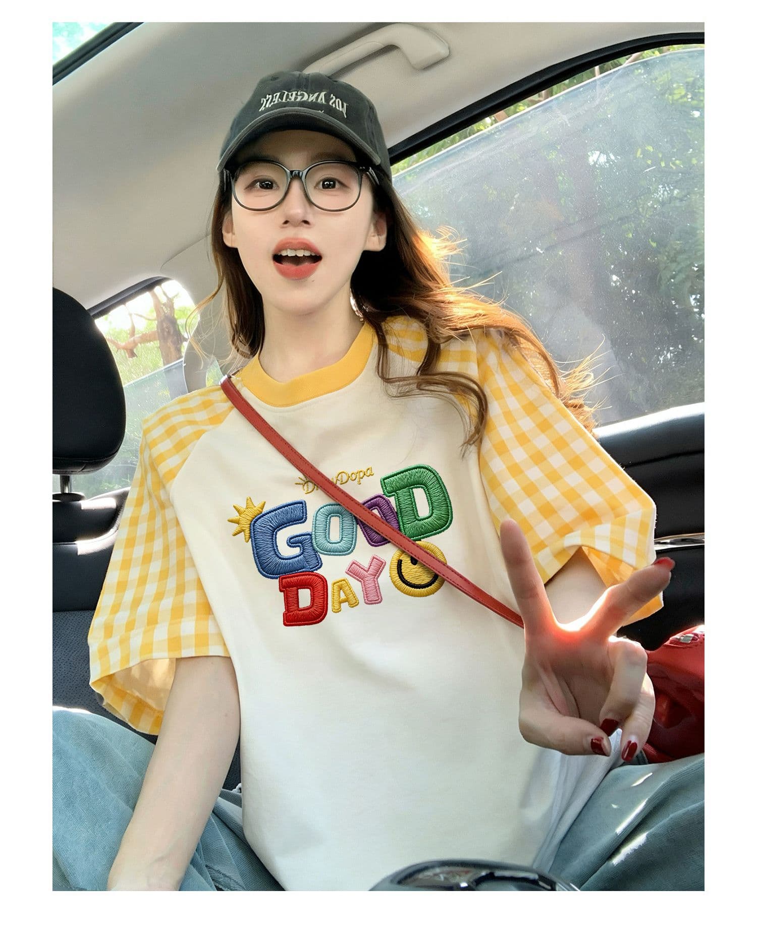 재고 있음 순면 출산 착용 맨위 여름 드레스 새로운 체크무늬 패치워크 페이크 레이어드 티셔츠 루즈핏 쇼트 스타일 상세 이미지 6