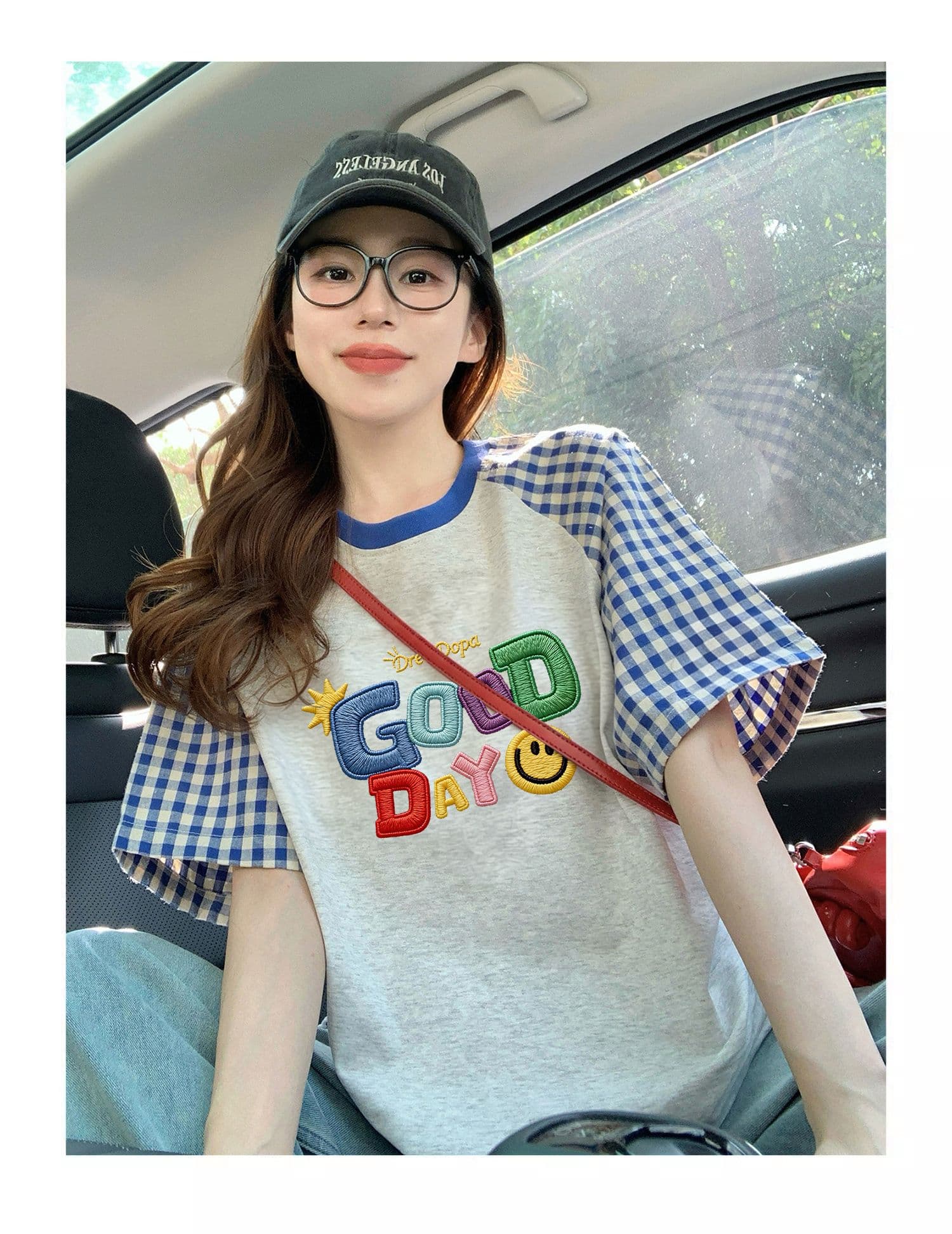 재고 있음 순면 출산 착용 맨위 여름 드레스 새로운 체크무늬 패치워크 페이크 레이어드 티셔츠 루즈핏 쇼트 스타일 상세 이미지 7