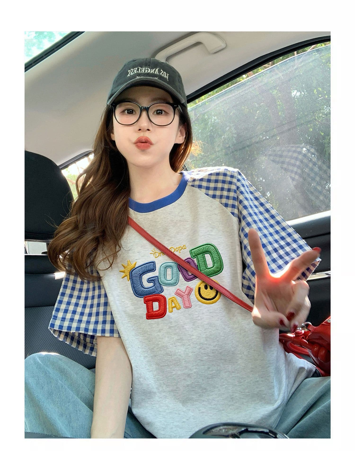 재고 있음 순면 출산 착용 맨위 여름 드레스 새로운 체크무늬 패치워크 페이크 레이어드 티셔츠 루즈핏 쇼트 스타일 상세 이미지 10