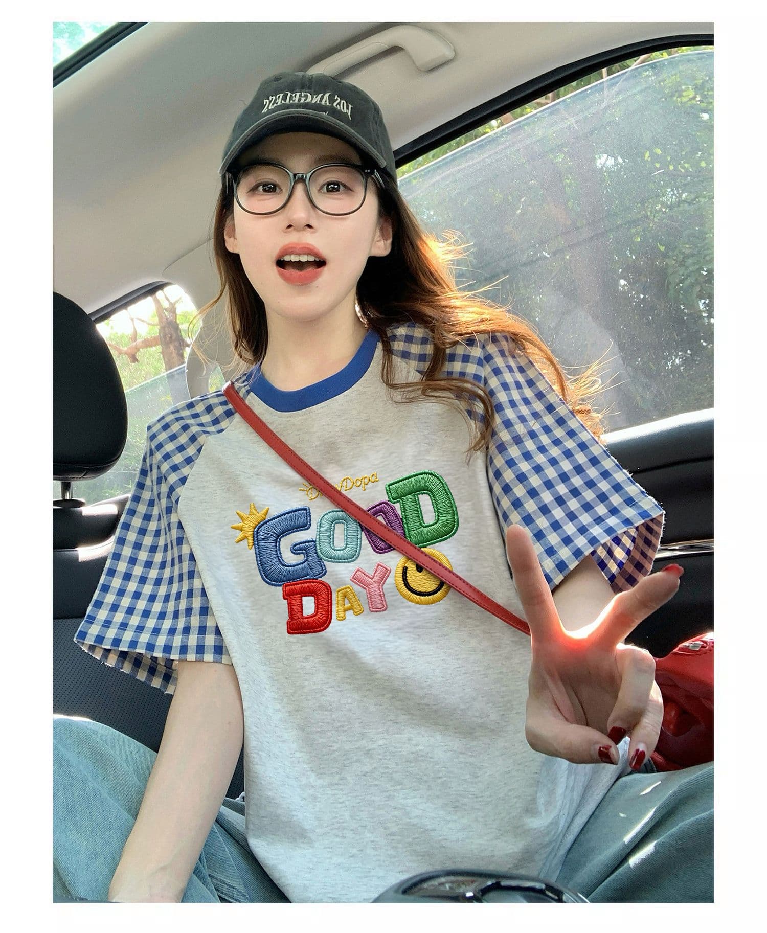 재고 있음 순면 출산 착용 맨위 여름 드레스 새로운 체크무늬 패치워크 페이크 레이어드 티셔츠 루즈핏 쇼트 스타일 상세 이미지 11