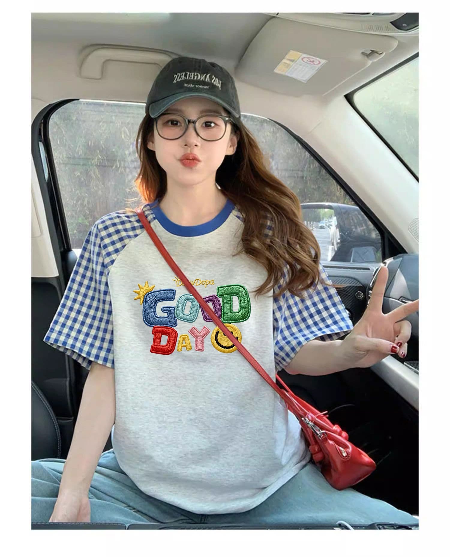재고 있음 순면 출산 착용 맨위 여름 드레스 새로운 체크무늬 패치워크 페이크 레이어드 티셔츠 루즈핏 쇼트 스타일 상세 이미지 12
