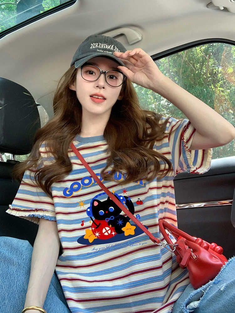 인터넷 유명인 폭발 아메리칸 배색 스트라이프 반팔 티셔츠 2026 새로운 여름 만화 중간 길이 출산 착용 맨위 상세 이미지 5