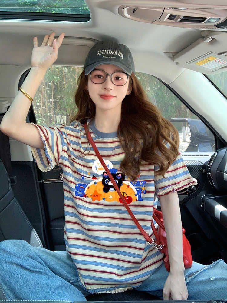 인터넷 유명인 출산 착용 루즈핏 빅 사이즈 레트로 스트라이프 반팔 티셔츠 2026 년 새로운 여름 루즈핏 라운드 넥 맨위 상세 이미지 4