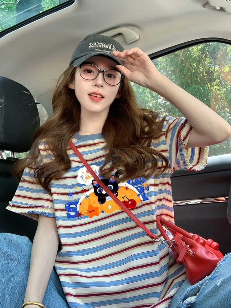 인터넷 유명인 출산 착용 루즈핏 빅 사이즈 레트로 스트라이프 반팔 티셔츠 2026 년 새로운 여름 루즈핏 라운드 넥 맨위 상세 이미지 5