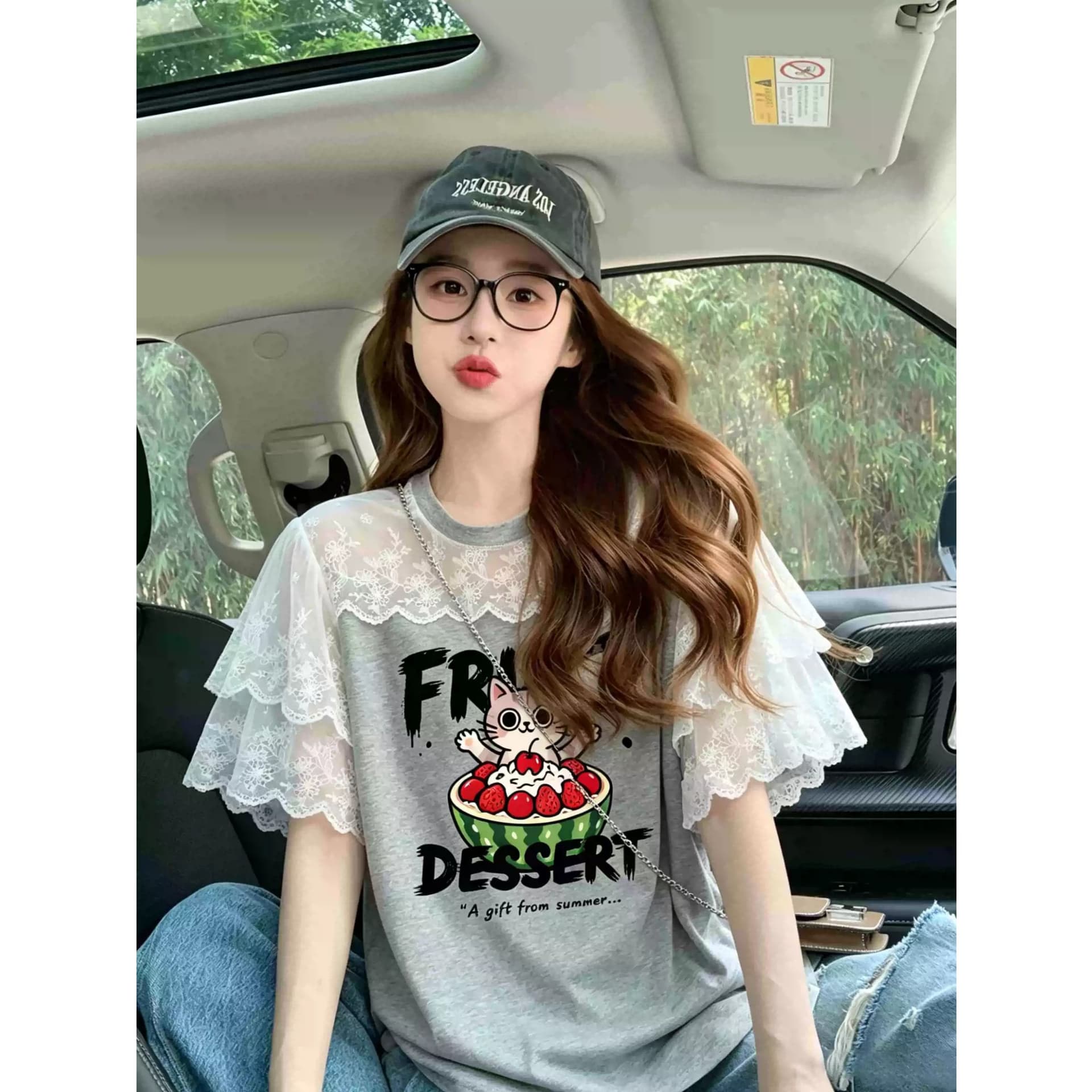 레이스 조각 반팔 티셔츠 2026 새로운 여름 연령 감소 아메리칸 루즈핏 디자인 센스 한 부서 출산 착용 맨위 이미지 2