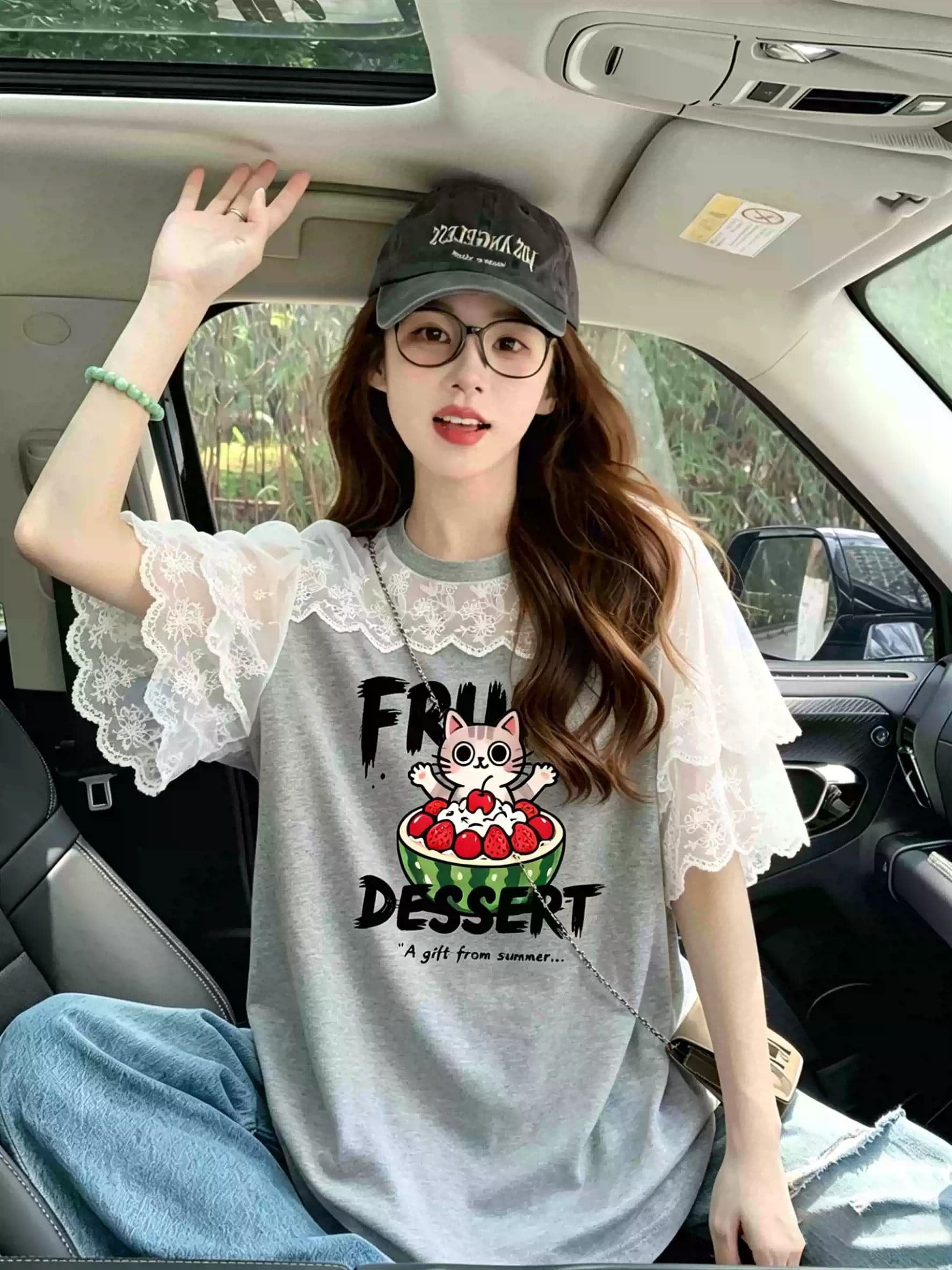 레이스 조각 반팔 티셔츠 2026 새로운 여름 연령 감소 아메리칸 루즈핏 디자인 센스 한 부서 출산 착용 맨위 상세 이미지 4