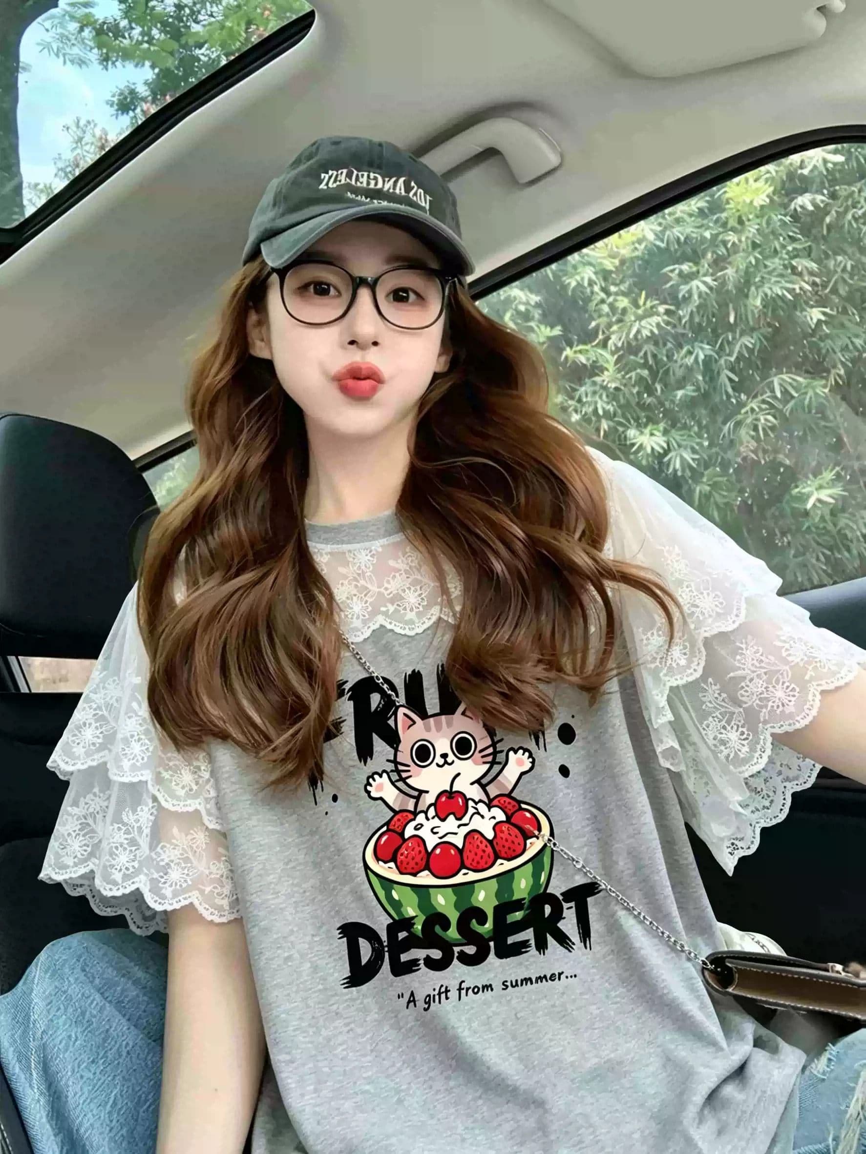 레이스 조각 반팔 티셔츠 2026 새로운 여름 연령 감소 아메리칸 루즈핏 디자인 센스 한 부서 출산 착용 맨위 상세 이미지 5