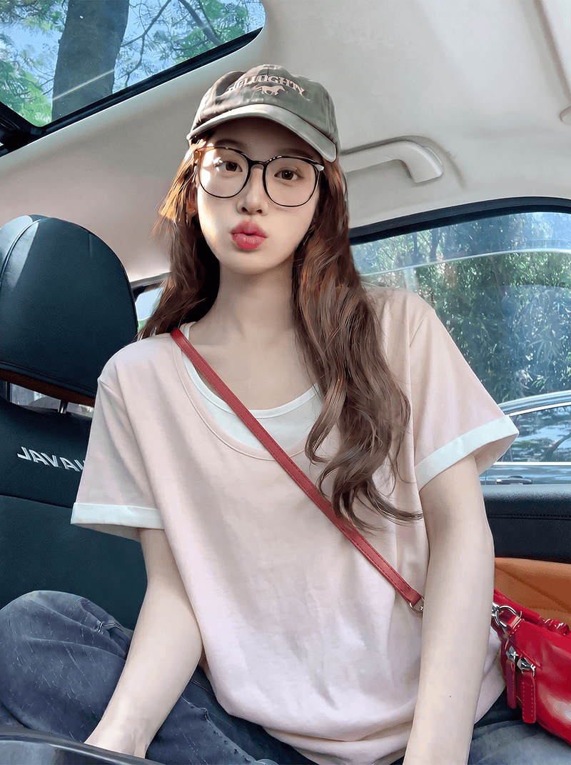 여름 출산 착용 여름 드레스 반팔 동정 면 반팔 티셔츠 여름 새로운 트렌디 단색 페이크 레이어드 V넥 맨위 임산부