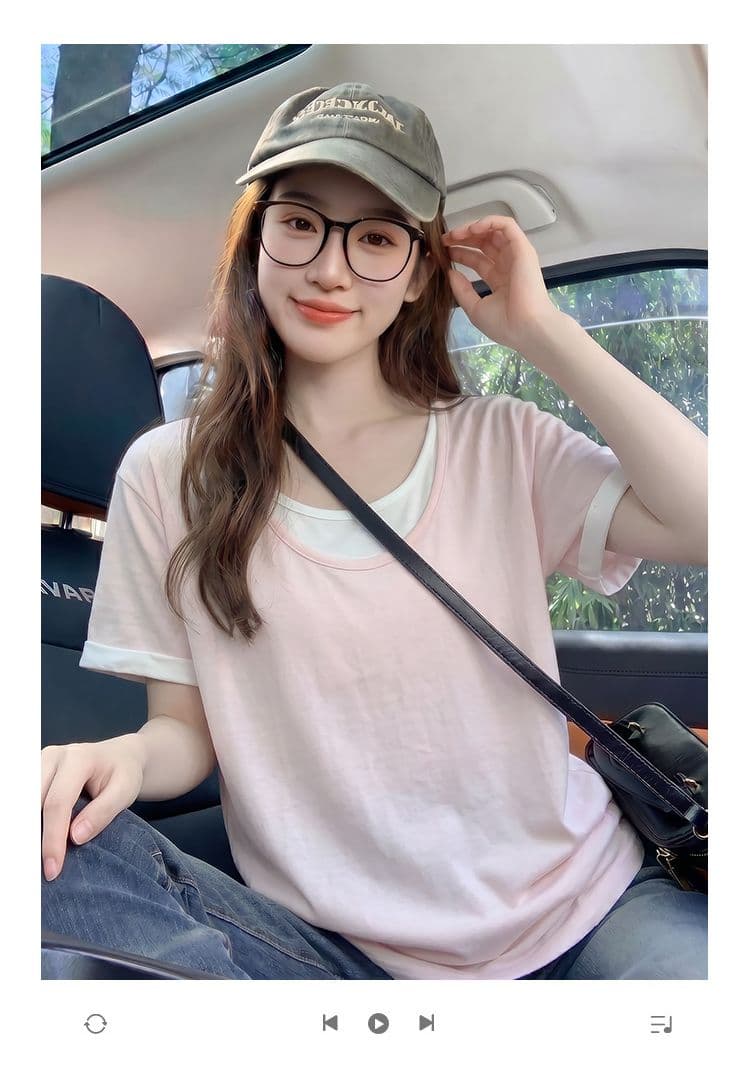 여름 출산 착용 여름 드레스 반팔 동정 면 반팔 티셔츠 여름 새로운 트렌디 단색 페이크 레이어드 V넥 맨위 임산부 상세 이미지 1