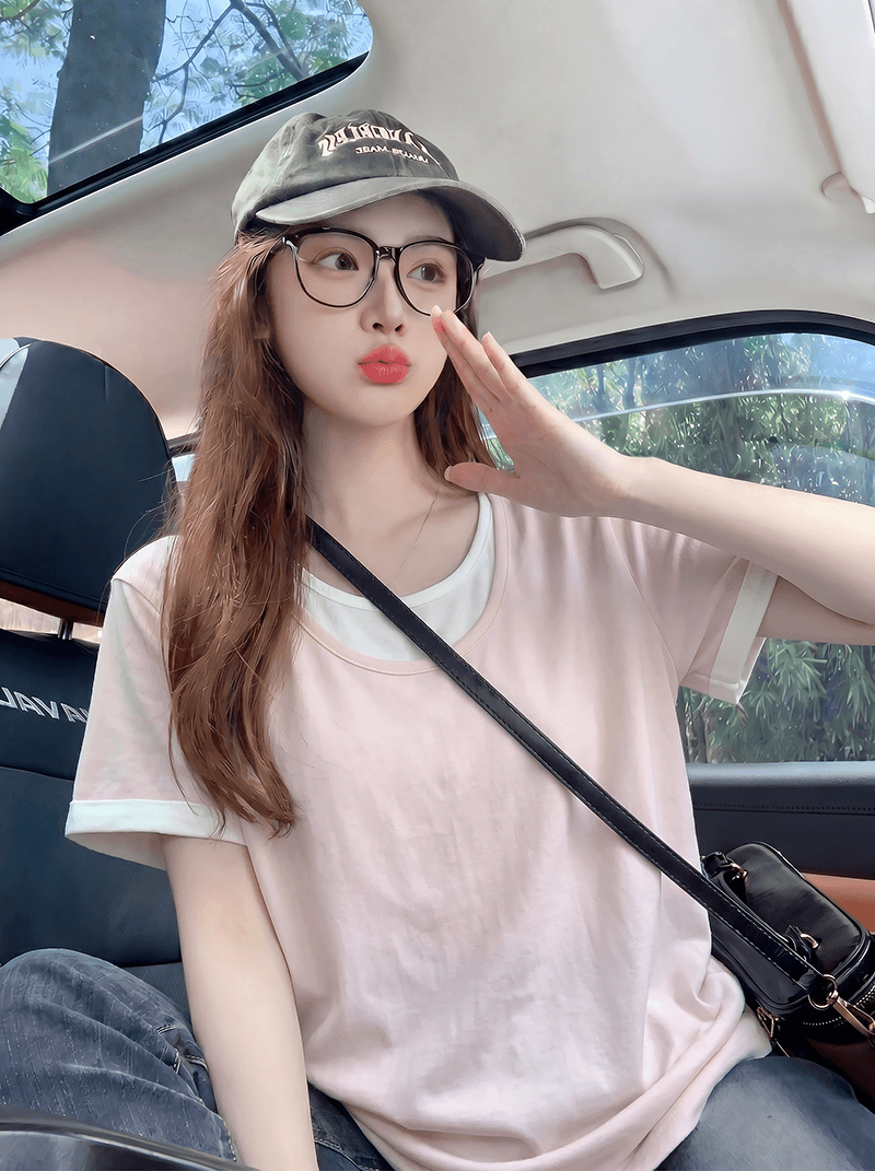 여름 출산 착용 여름 드레스 반팔 동정 면 반팔 티셔츠 여름 새로운 트렌디 단색 페이크 레이어드 V넥 맨위 임산부 상세 이미지 9
