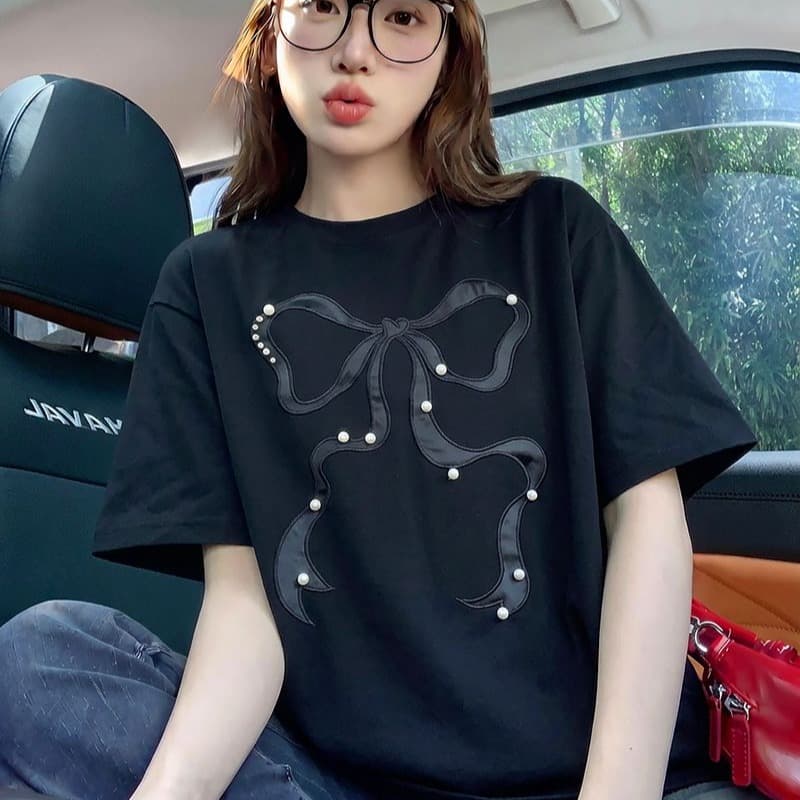 임산부 여름 드레스 반팔 티셔츠 여성 의류 여름 새로운 루즈핏 작은 샤넬 스타일 수공 비즈 가시 자수 라운드 넥 맨위 이미지 5