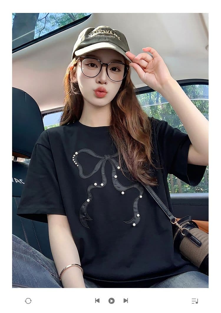 임산부 여름 드레스 반팔 티셔츠 여성 의류 여름 새로운 루즈핏 작은 샤넬 스타일 수공 비즈 가시 자수 라운드 넥 맨위 상세 이미지 1