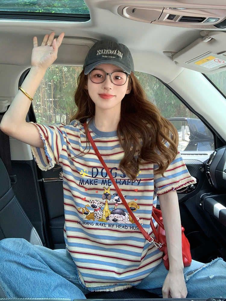 출산 착용 여름 디자인 센스 작은 키 스트라이프 반팔 티셔츠 2026 새로운 여름 루즈핏 연령 감소 임산부 맨위 상세 이미지 4