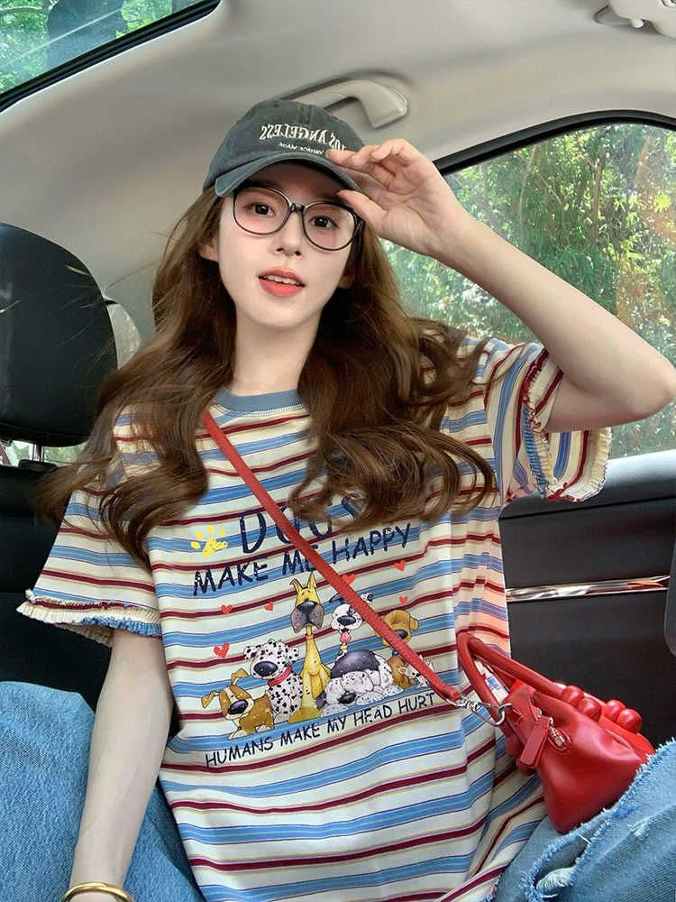 출산 착용 여름 디자인 센스 작은 키 스트라이프 반팔 티셔츠 2026 새로운 여름 루즈핏 연령 감소 임산부 맨위 상세 이미지 5