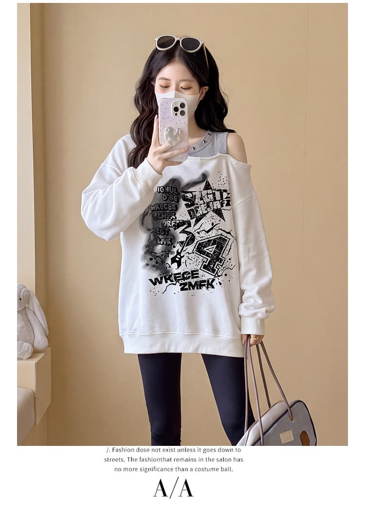 실사 아메리칸 출산 착용 페이크 레이어드 비스듬한 어깨 후드티 2026 새로운 봄 가을 루즈핏 디자인 센스 오프숄더 긴팔 상세 이미지 14