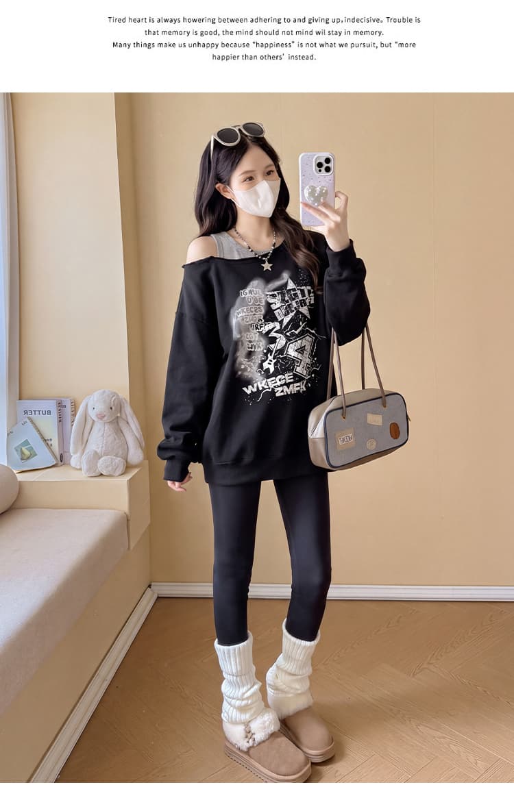 실사 아메리칸 출산 착용 페이크 레이어드 비스듬한 어깨 후드티 2026 새로운 봄 가을 루즈핏 디자인 센스 오프숄더 긴팔 상세 이미지 16