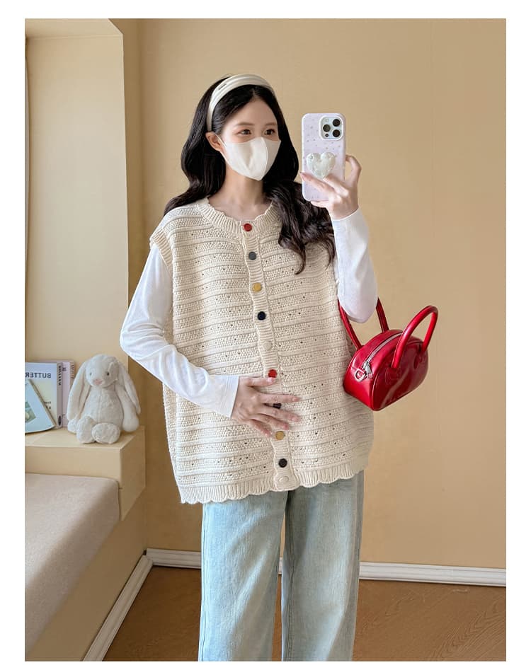 실사 출산 착용 가을 겨울 라운드 넥 홀로우 아웃 색상 버클 베스트 루즈핏 패션 다용도 연령 감소 슬림해 보이는 민소매 어깨 상세 이미지 13