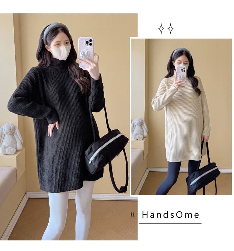 실사 임산부 스웨터 가을 겨울 반하이넥 풀오버 중간 길이 루즈핏 느긋한 바람 부드럽다 두꺼운 기본 셔츠 맨위 상세 이미지 3