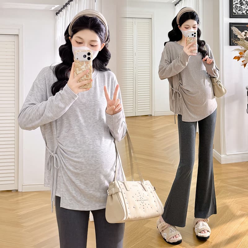 실사 출산 착용 올해 인기 ~ 중 가을 겨울철 2026 새로운 레이스업 티셔츠 긴팔 기본 셔츠 트임 맨위 이미지 5