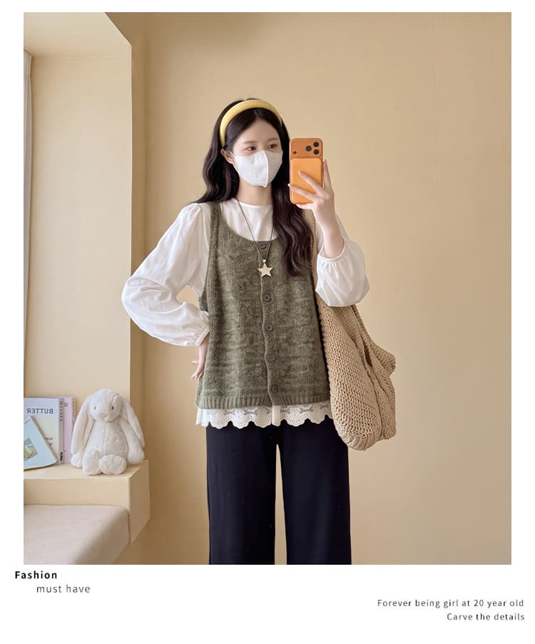 실사 출산 착용 가을 겨울 2026 새로운 일본식 스웨터 스택 착용 레이스 레이스 코디 기본 셔츠 투피스 세트 상세 이미지 20