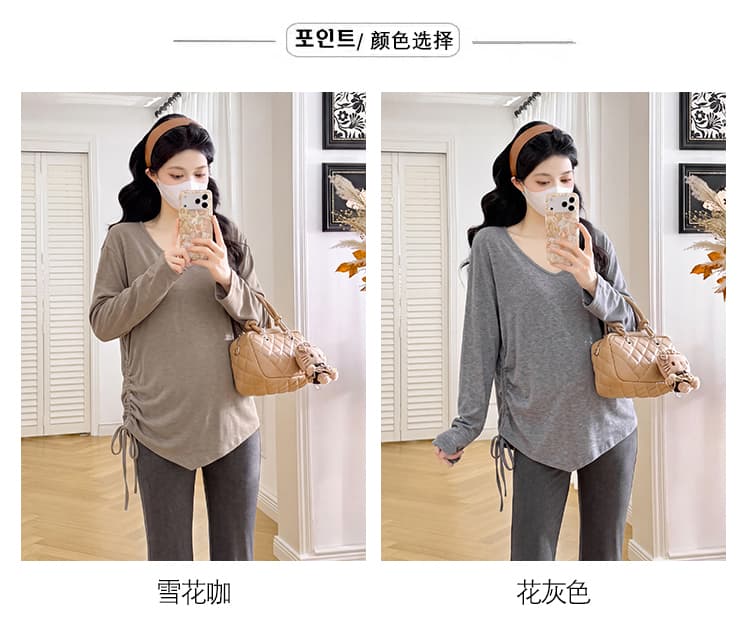 실사 출산 착용 2026 가을 새로운 긴팔 티셔츠 불규칙 밑단 기본 셔츠 순수한 임산부 봄 가을 맨위 상세 이미지 5
