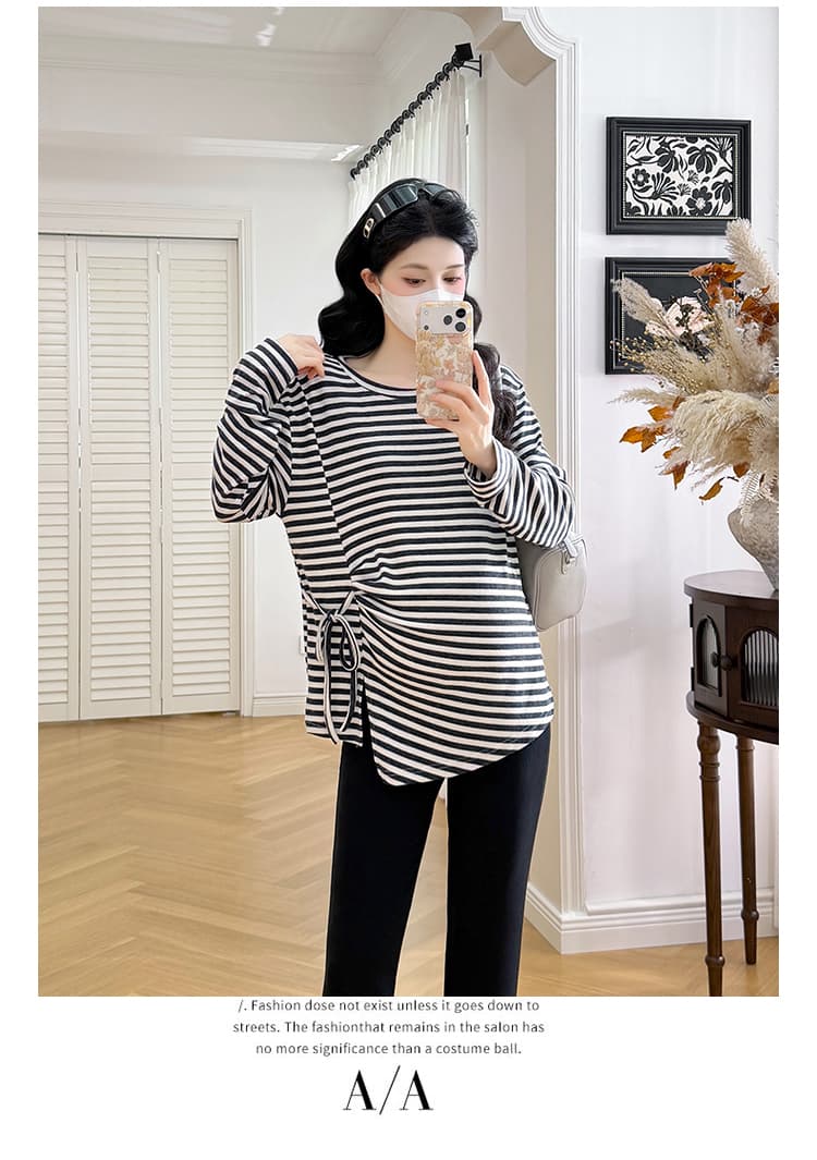 실사 출산 착용 이른 가을 스트라이프 작은 셔츠 빅 사이즈 측면 레이스업 불규칙 긴팔 티셔츠 여성 만나는 맨위 봄 가을 상세 이미지 14