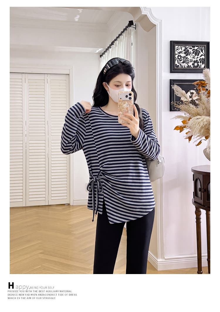 실사 출산 착용 이른 가을 스트라이프 작은 셔츠 빅 사이즈 측면 레이스업 불규칙 긴팔 티셔츠 여성 만나는 맨위 봄 가을 상세 이미지 24