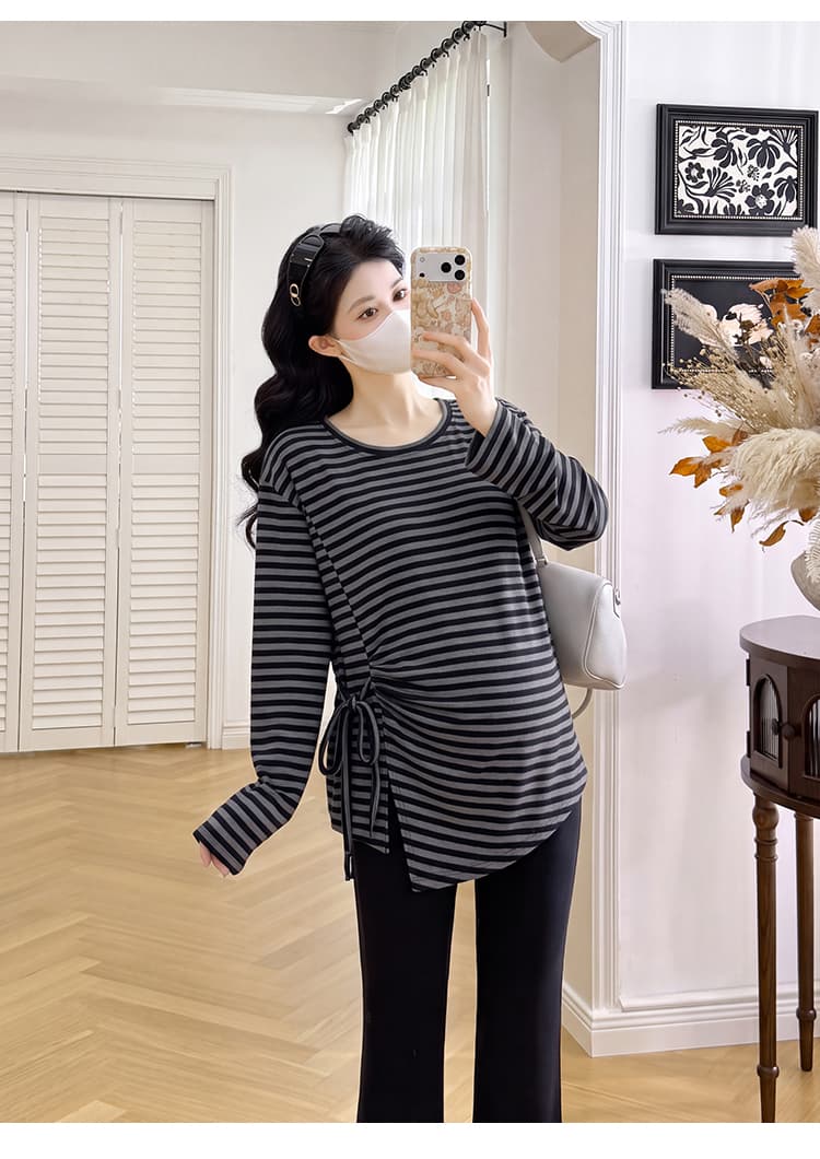 실사 출산 착용 이른 가을 스트라이프 작은 셔츠 빅 사이즈 측면 레이스업 불규칙 긴팔 티셔츠 여성 만나는 맨위 봄 가을 상세 이미지 28