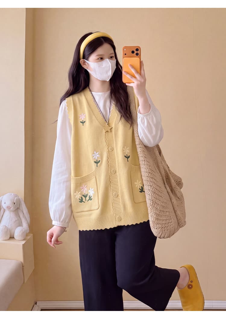 실사 출산 착용 2026 가을 겨울철 미니멀리즘 센 부서 루즈핏 수공 레트로 무거운 작업 자수 니트 베스트 오픈 가디건 상세 이미지 15