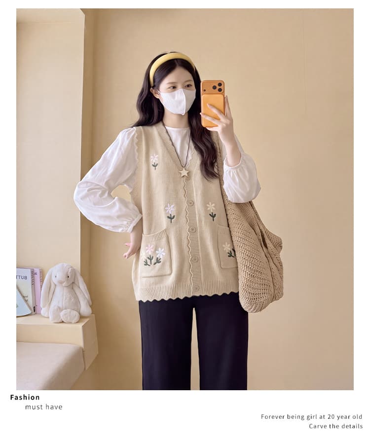 실사 출산 착용 2026 가을 겨울철 미니멀리즘 센 부서 루즈핏 수공 레트로 무거운 작업 자수 니트 베스트 오픈 가디건 상세 이미지 20